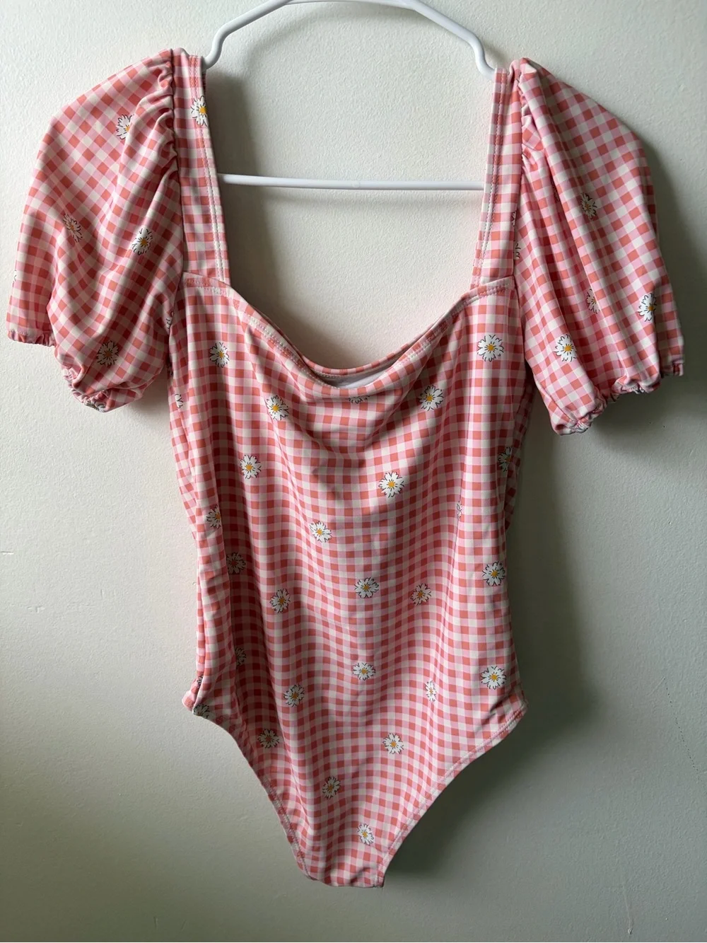 Pink Gingham Daisy Puff-Sleeve One-Piece Swimsuit - Picture 2 of 4
